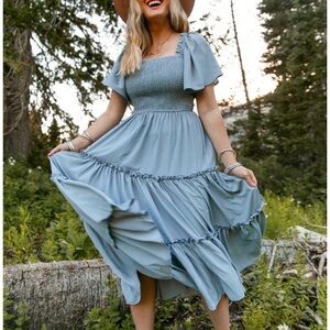 Ivy City Co Luna Smocked Square-Neck Tiered Midi Dress in Dusty Blue - Size XS